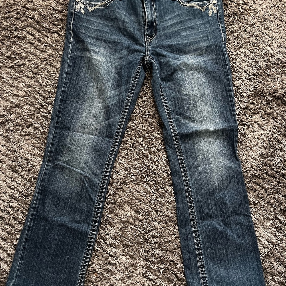 Shyanne Blue and White Boot Cut Jeans with Vintage Distress